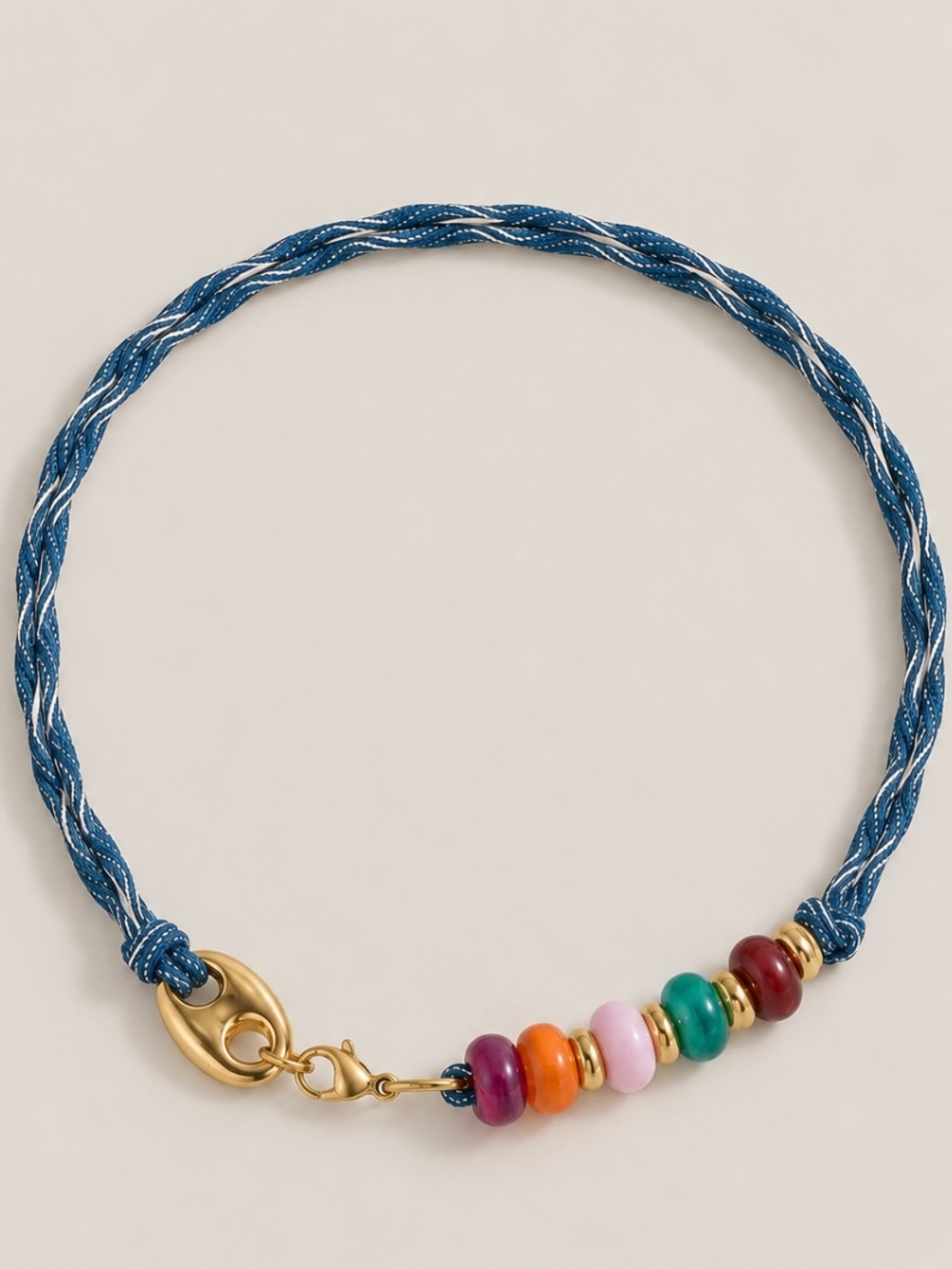 New! Blue Metallic Mixed Beaded Gold Coffee Bean Link Necklace NWOT